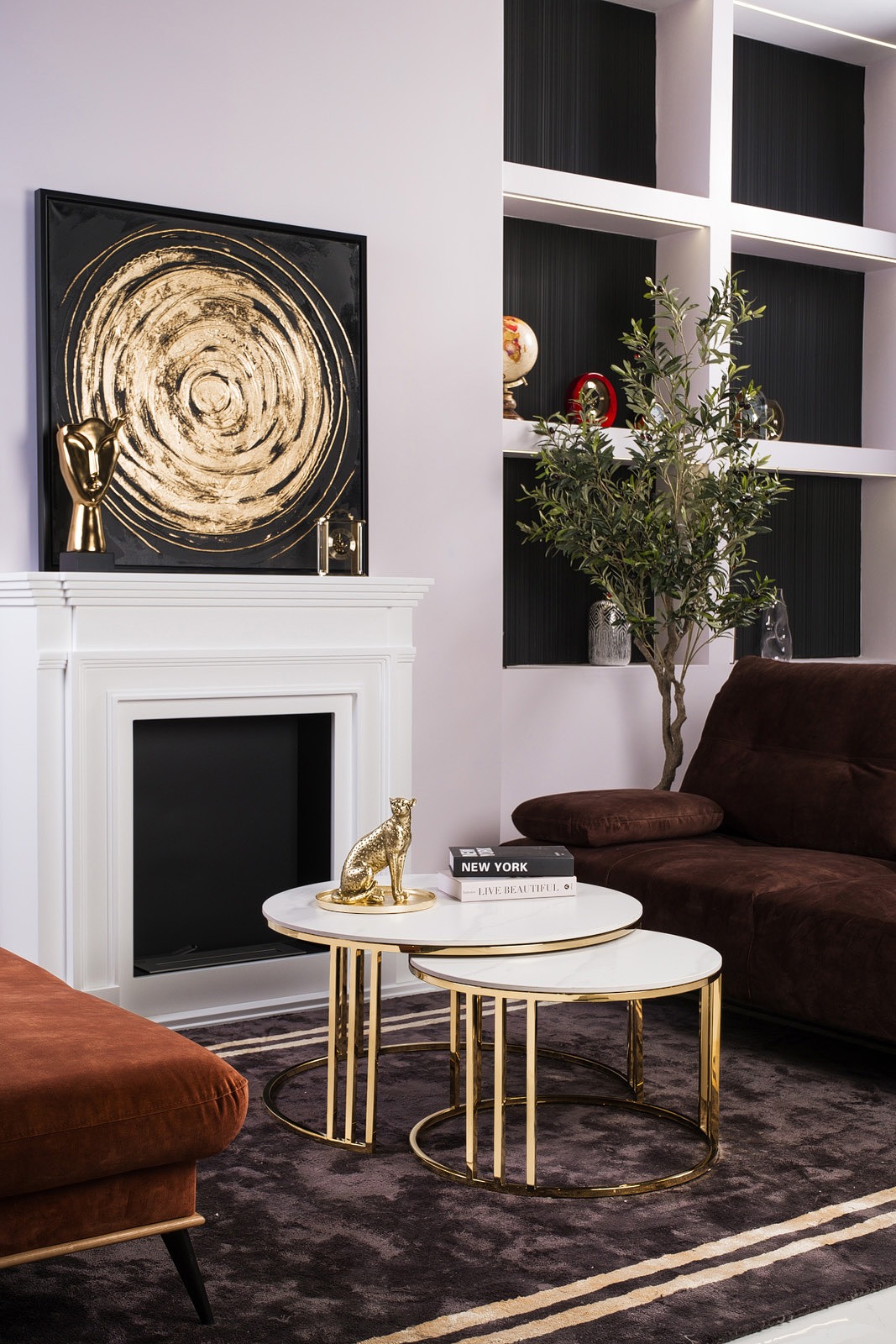 ZESTAW 2 STOLIKÓW KAWOWYCH złota podstawa, blat ze spieku kamiennego, styl glamour, piękny ZESTAW 2 STOLIKÓW KAWOWYCH złota podstawa, blat ze spieku kamiennego, styl glamour, piękny