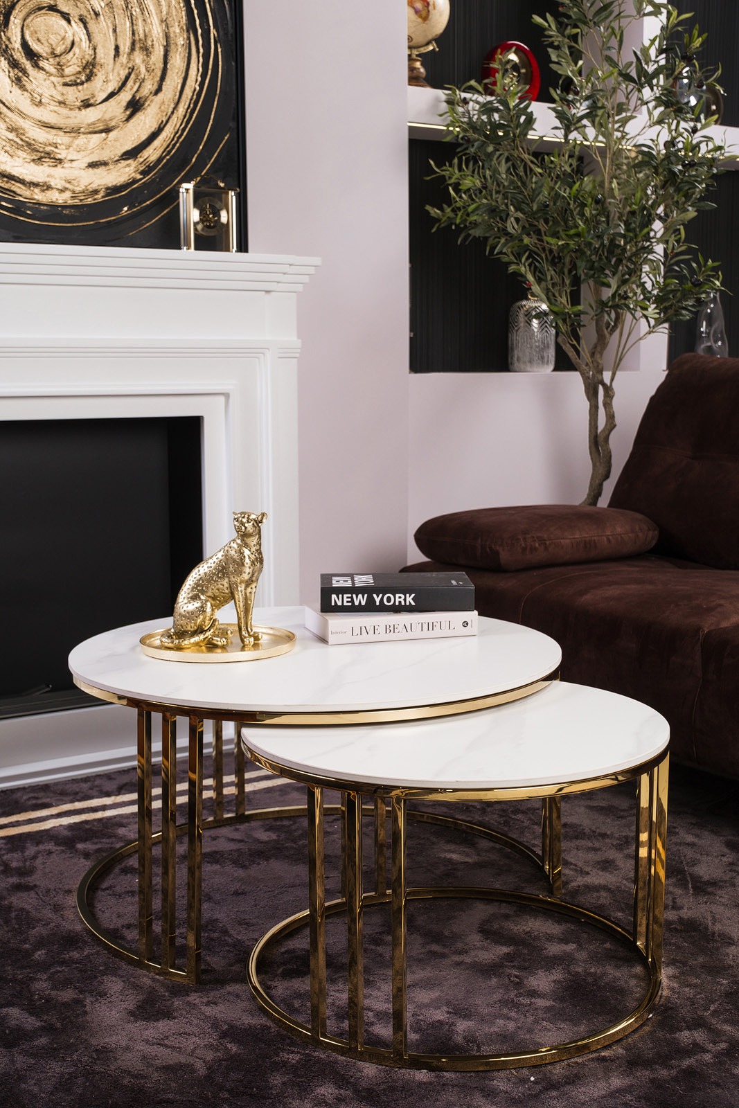 ZESTAW 2 STOLIKÓW KAWOWYCH złota podstawa, blat ze spieku kamiennego, styl glamour ZESTAW 2 STOLIKÓW KAWOWYCH złota podstawa, blat ze spieku kamiennego, styl glamour