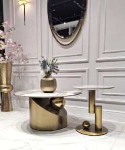 ZESTAW STOLIKÓW KAWOWYCH BALANCE złota szczotkowana, blatu PANDORA – Seria Modig M60, premium