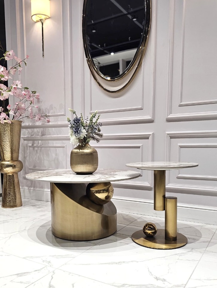 ZESTAW STOLIKÓW KAWOWYCH BALANCE złota szczotkowana, blatu PANDORA – Seria Modig M60, premium