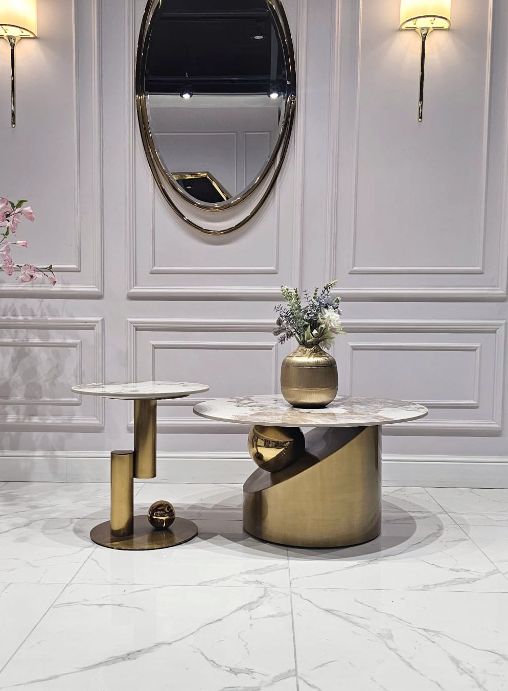 ZESTAW STOLIKÓW KAWOWYCH BALANCE złota szczotkowana, blatu PANDORA – Seria Modig M60