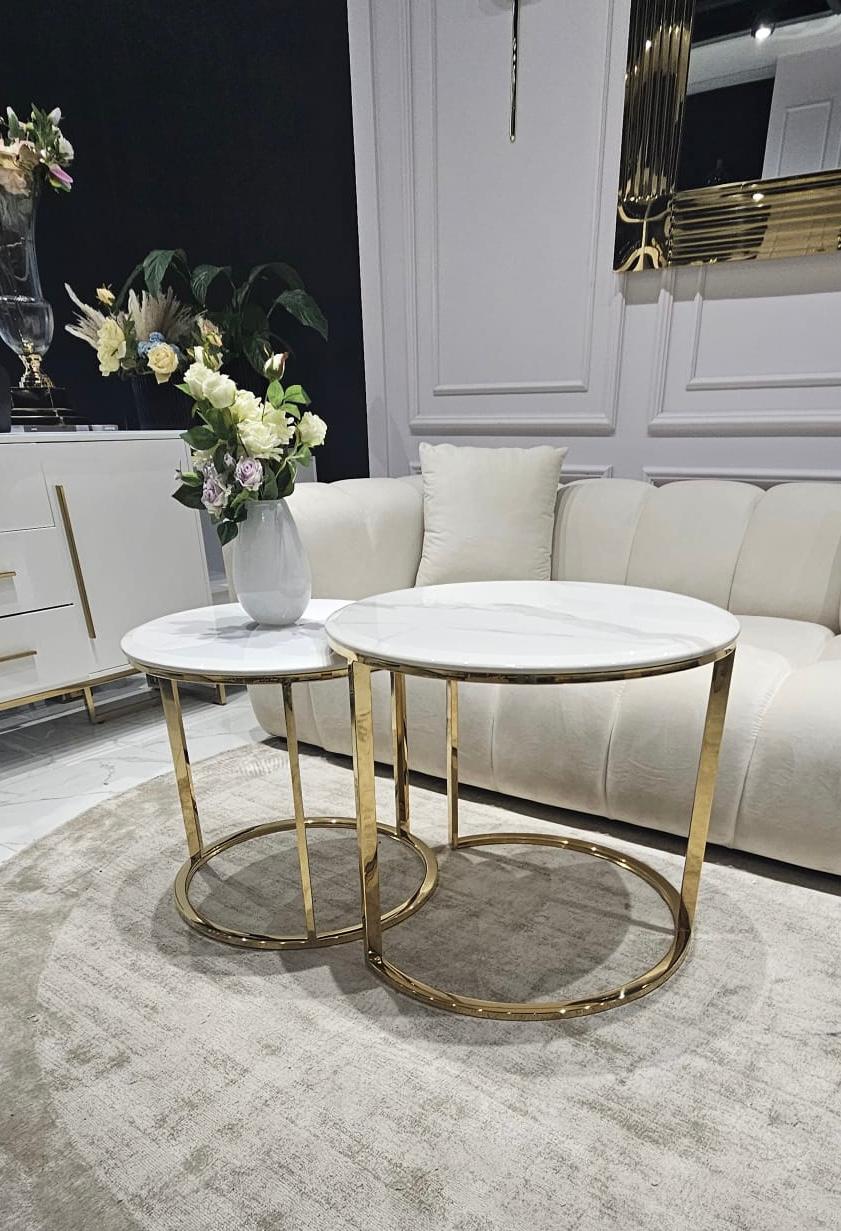 ZESTAW STOLIKÓW KAWOWYCH S 2w1 Divine biały blat z konglomeratu marmurowego złota błyszcząca podstawa styl glamour