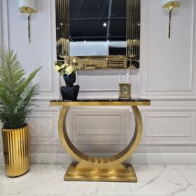 KONSOLA RING na złotej szczotkowanej, dostojnej, okrągłej podstawie, blat z konglomeratu marmurowego, glamour, piękna