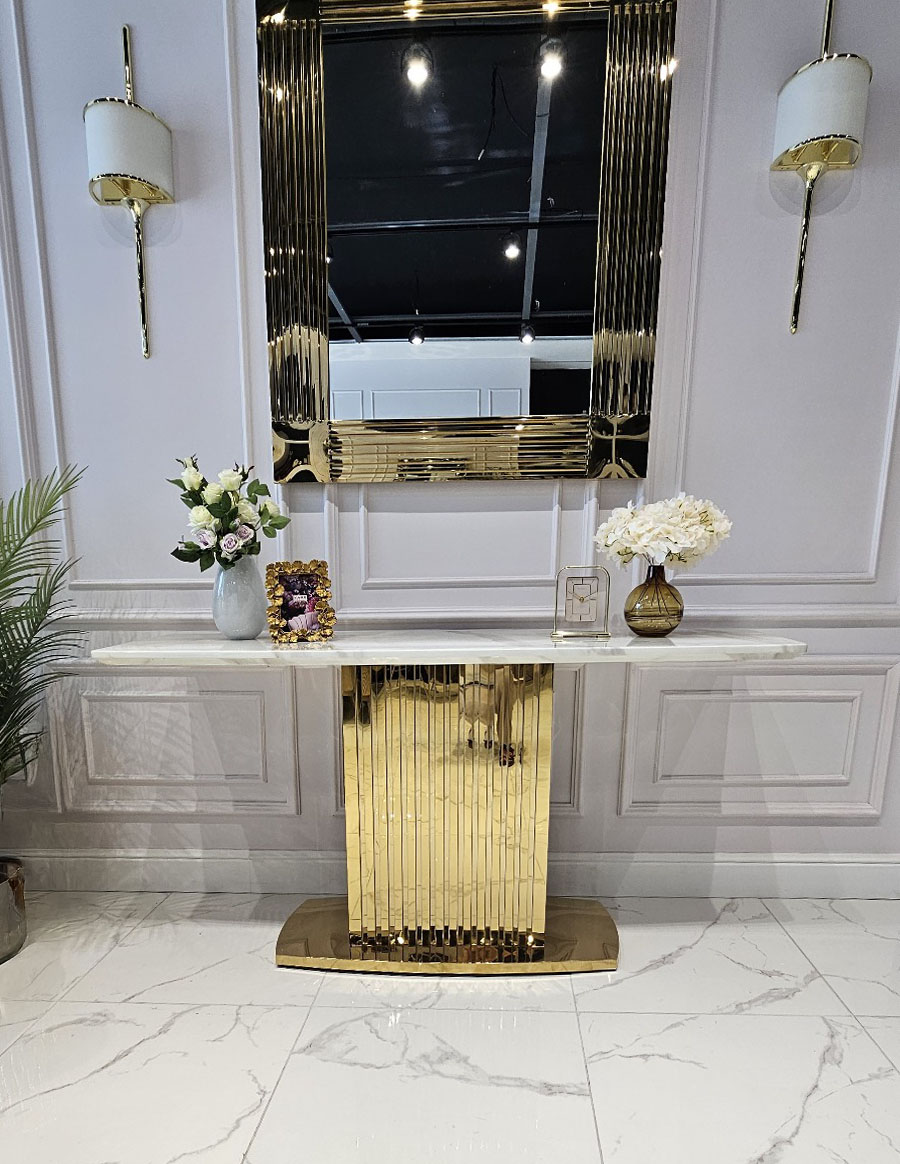 KONSOLA na złotym błyszczącym stelażu blat z konglomeratu marmurowego, nowoczesny styl glamour, ekskluzywna KONSOLA na złotym błyszczącym stelażu blat z konglomeratu marmurowego, nowoczesny styl glamour, ekskluzywna