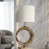 LAMPA STOŁOWA o pięknej złotej, okrągłej podstawie, błyszczące wykończenie, biały, okrągły abażur, nowoczesny glamour