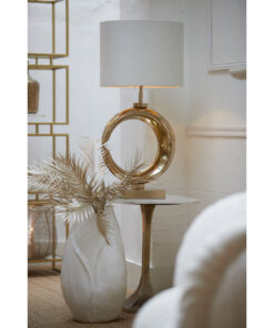 LAMPA STOŁOWA o pięknej złotej, okrągłej podstawie, błyszczące wykończenie, biały, okrągły abażur, nowoczesny glamour