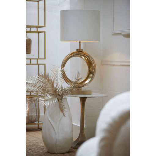 LAMPA STOŁOWA o pięknej złotej, okrągłej podstawie, błyszczące wykończenie, biały, okrągły abażur, nowoczesny glamour