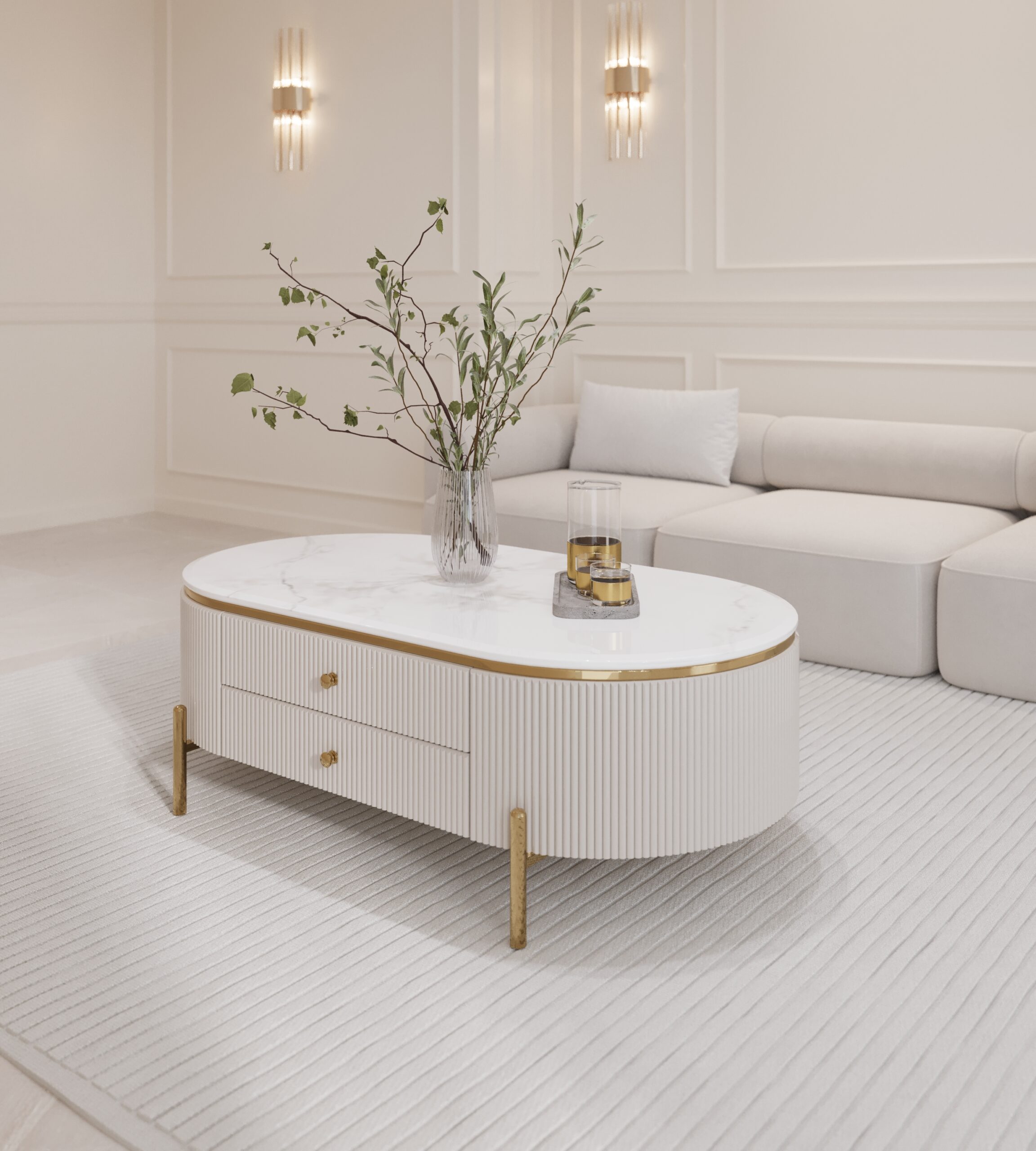 STOLIK KAWOWY Anne Cashmir z ryflowanym korpusem w kolorze kaszmirowym, złote metalowe dodatki, blat ze spieku, ekskluzywny