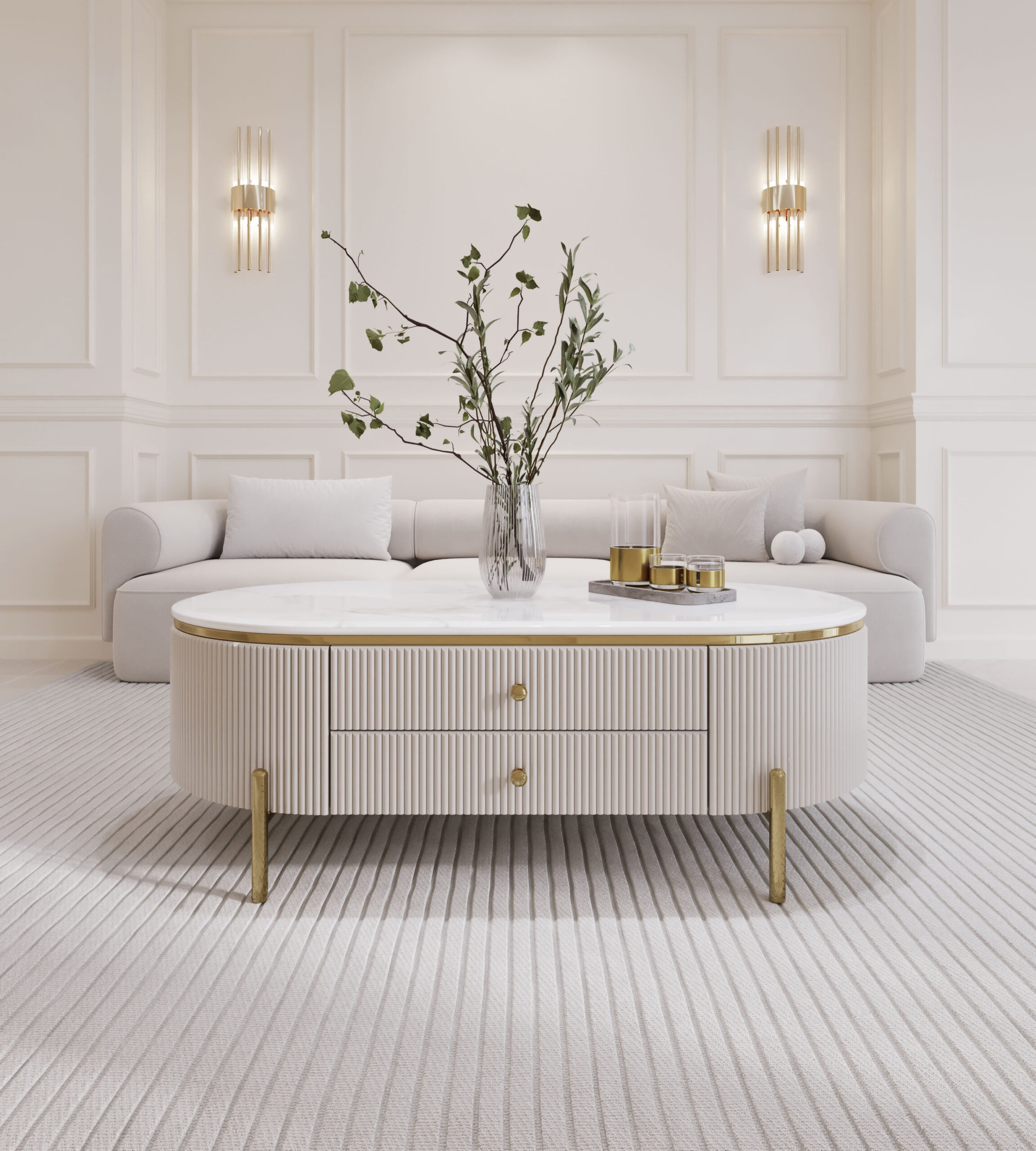 STOLIK KAWOWY Anne Cashmir z ryflowanym korpusem w kolorze kaszmirowym, złote metalowe dodatki, blat ze spieku, piękny