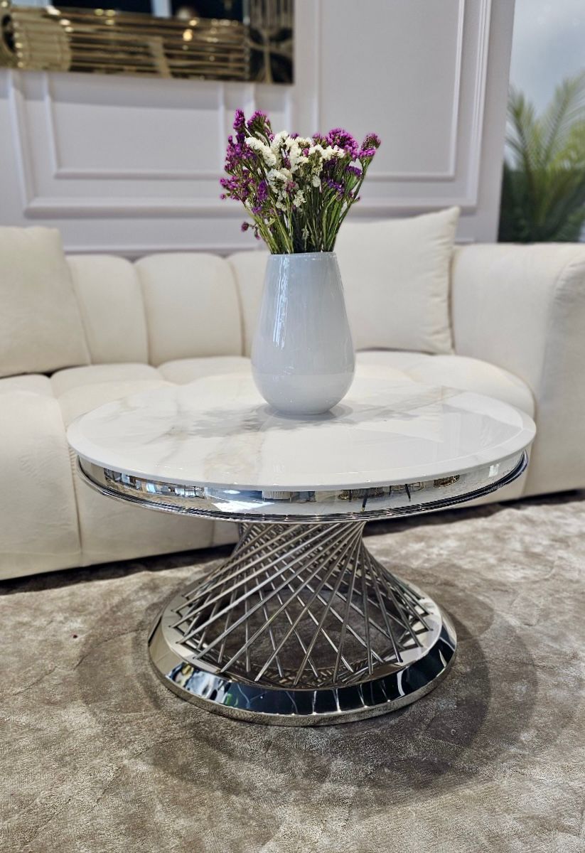 STOLIK KAWOWY Emporio, okrągły, blat ze sztucznego marmuru, złota, zakręcona, designerska podstawa, klasyczny glamour