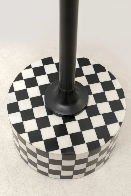 STOLIK POMOCNICZY Domero Chess okrągły, podstawa i blat w motywie czarno-białej szachownicy, czarny stelaż, nowoczesny styl, designerski