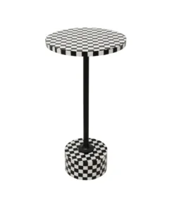 STOLIK POMOCNICZY Domero Chess okrągły, podstawa i blat w motywie czarno-białej szachownicy, czarny stelaż, nowoczesny styl