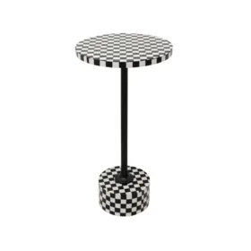 STOLIK POMOCNICZY Domero Chess okrągły, podstawa i blat w motywie czarno-białej szachownicy, czarny stelaż, nowoczesny styl