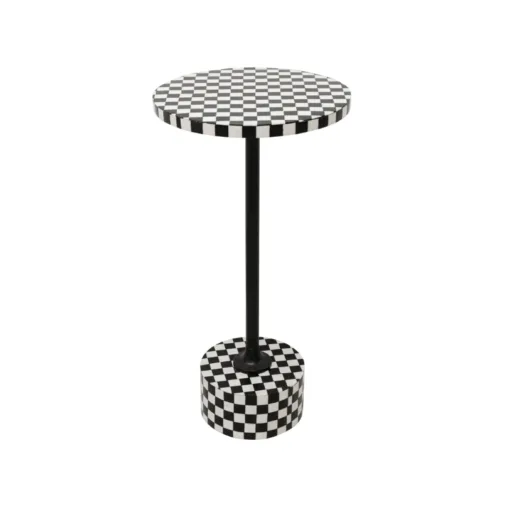 STOLIK POMOCNICZY Domero Chess okrągły, podstawa i blat w motywie czarno-białej szachownicy, czarny stelaż, nowoczesny styl