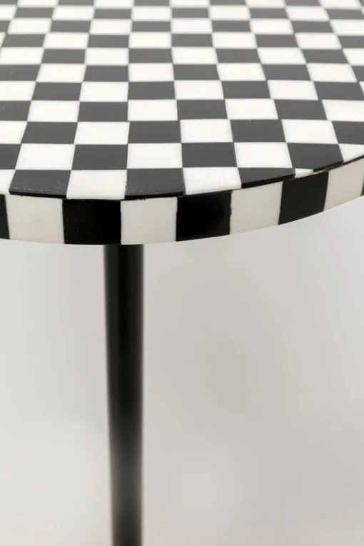 STOLIK POMOCNICZY Domero Chess okrągły, podstawa i blat w motywie czarno-białej szachownicy, czarny stelaż, nowoczesny styl, wyjątkowy