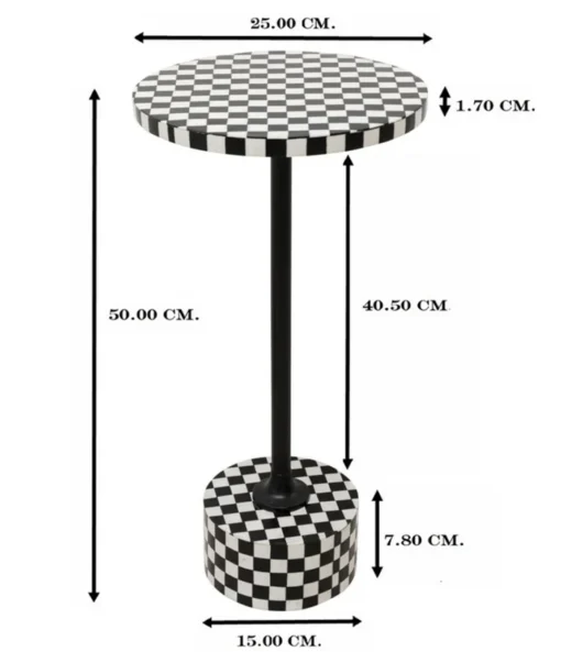 STOLIK POMOCNICZY Domero Chess okrągły, podstawa i blat w motywie czarno-białej szachownicy, czarny stelaż, nowoczesny styl, wymiary