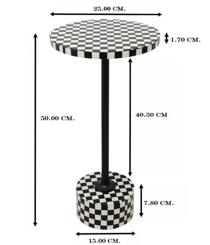 STOLIK POMOCNICZY Domero Chess okrągły, podstawa i blat w motywie czarno-białej szachownicy, czarny stelaż, nowoczesny styl, wymiary STOLIK POMOCNICZY Domero Chess okrągły, podstawa i blat w motywie czarno-białej szachownicy, czarny stelaż, nowoczesny styl, wymiary