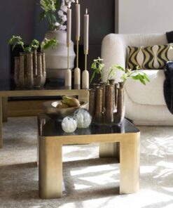 STOLIKI KAWOWE 2w1 kwadratowe, metalowe, brązowe wykończenie, blat z dymionego szkła, piękny