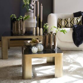 STOLIKI KAWOWE 2w1 kwadratowe, metalowe, brązowe wykończenie, blat z dymionego szkła, piękny