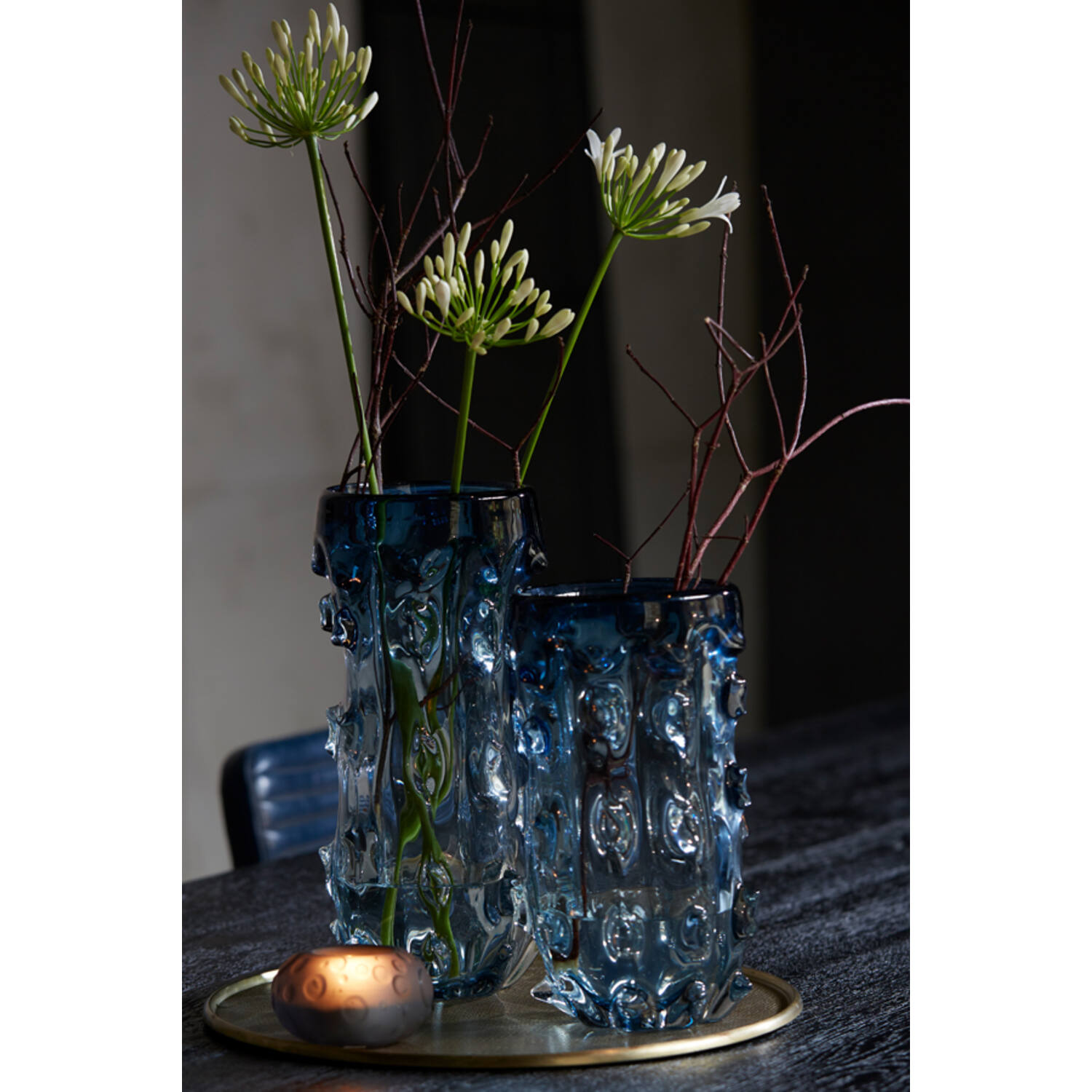 WAZON szklany, niebieskie transparentne wykończenie, okrągły, nowoczesny design, piękny