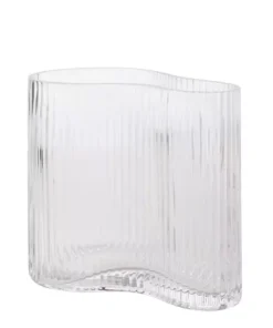 WAZON szklany, transparentny, prążkowana faktura, nieregularny kształt, designerski 15 cm