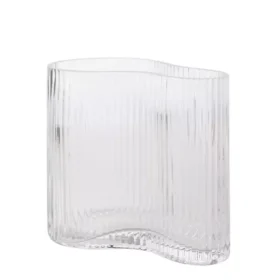 WAZON szklany, transparentny, prążkowana faktura, nieregularny kształt, designerski 15 cm