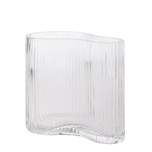 WAZON szklany, transparentny, prążkowana faktura, nieregularny kształt, designerski 15 cm