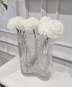 WAZON szklany, transparentny, prążkowana faktura, nieregularny kształt, designerski 24 cm