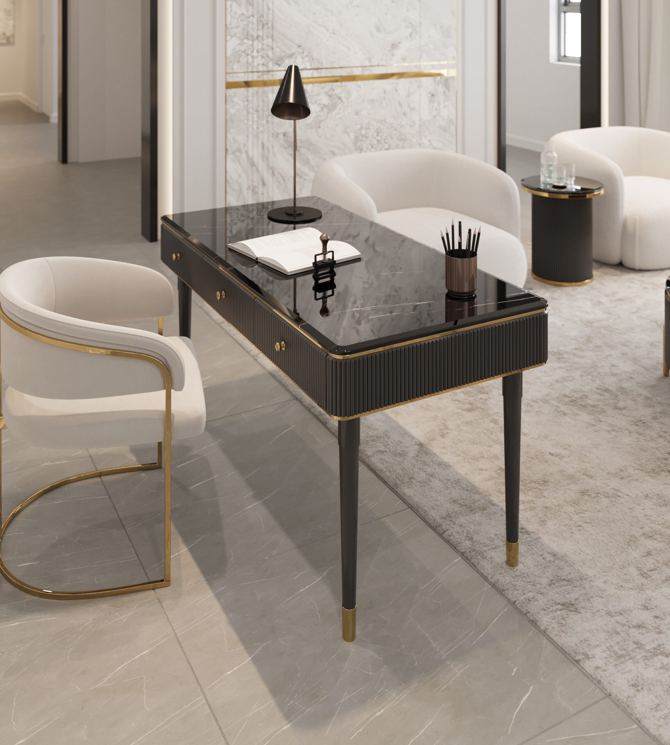BIURKO Anne Black na czarnych nogach ze złotymi detalami, ryflowany korpus, blat z konglomeratu marmurowego, nowoczesny styl