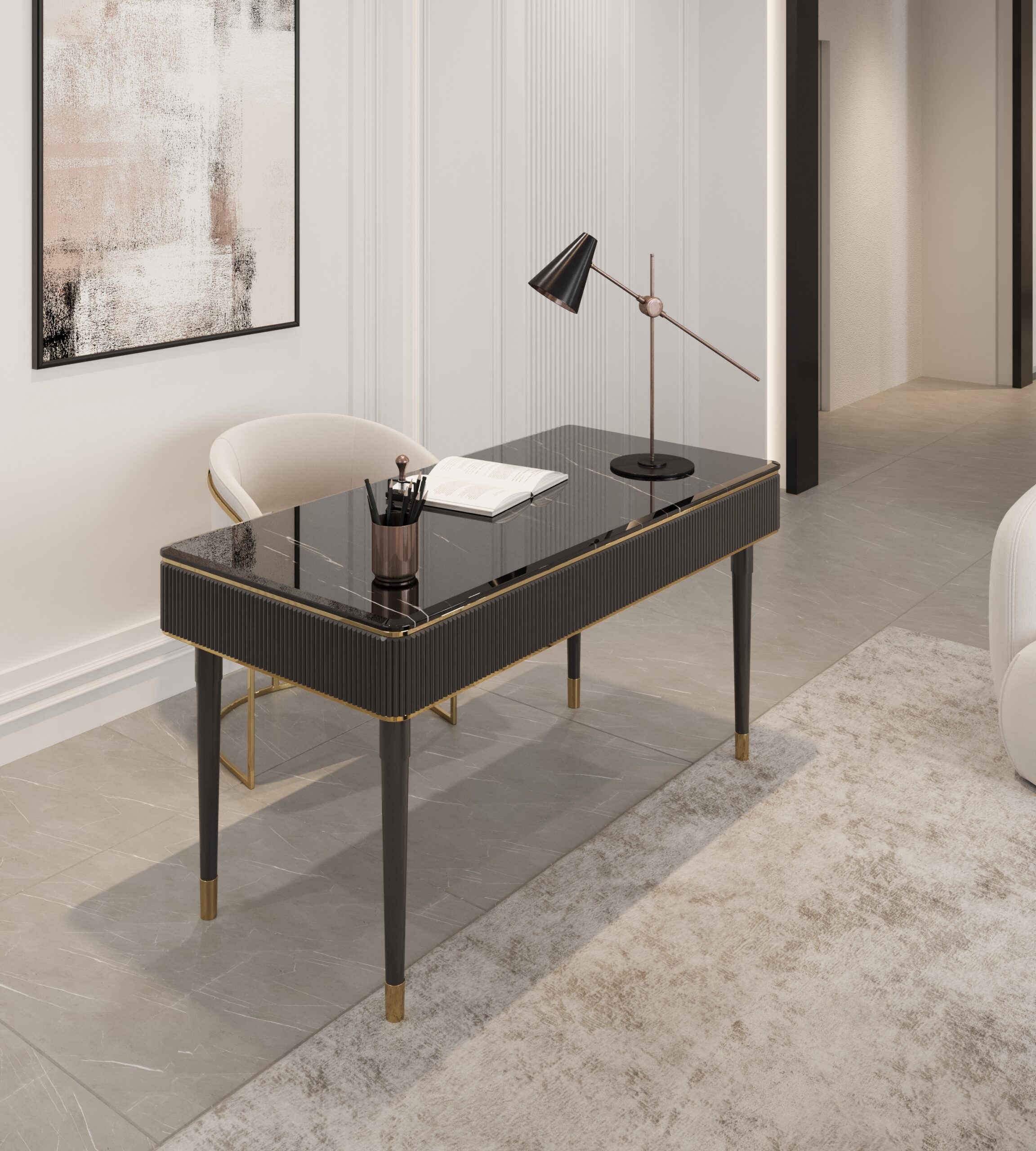 BIURKO Anne Black na czarnych nogach ze złotymi detalami, ryflowany korpus, blat z konglomeratu marmurowego, nowoczesny stylm, piękne