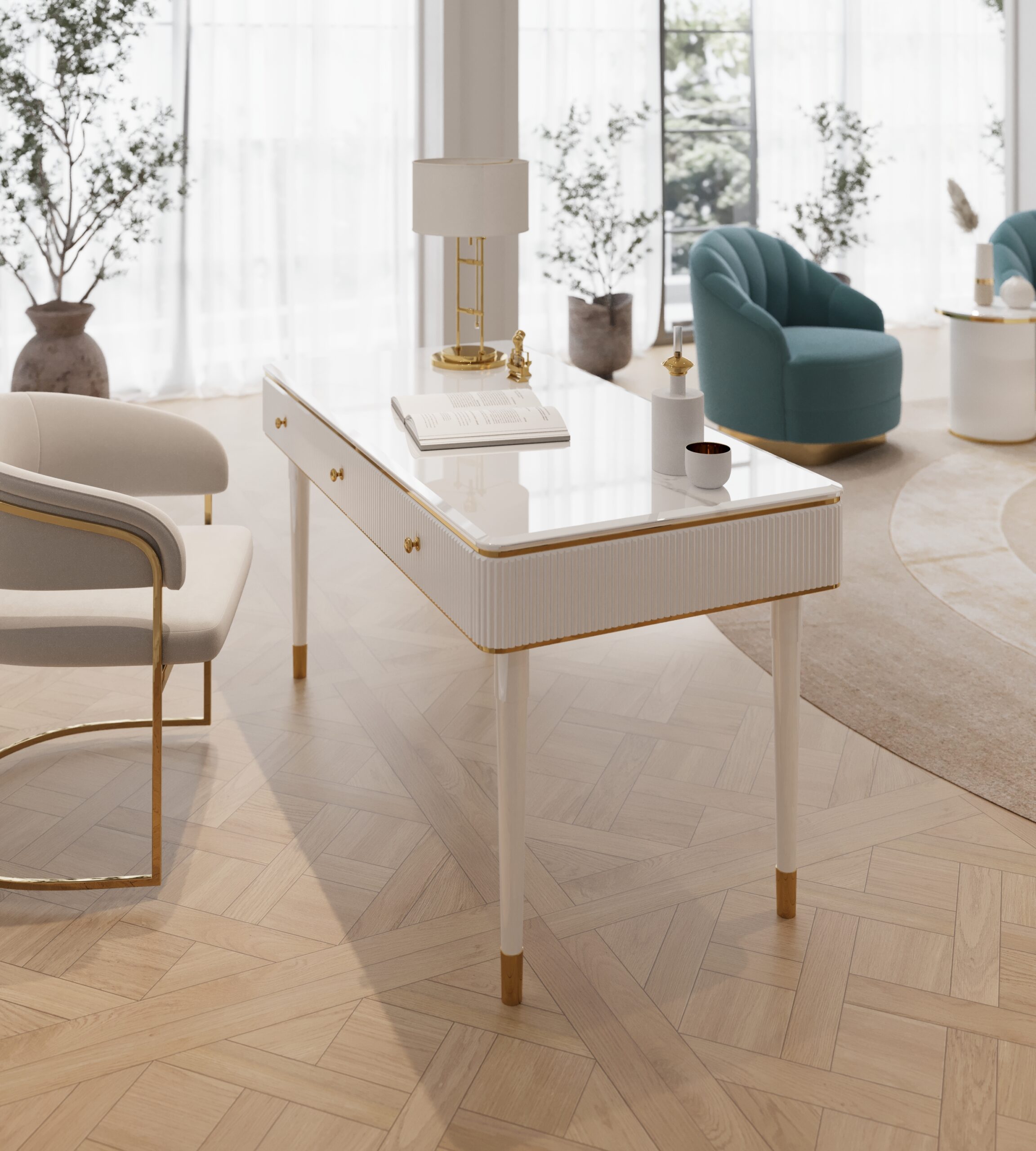 BIURKO Anne na białych nogach ze złotymi detalami, ryflowany korpus, blat z konglomeratu marmurowego, nowoczesny styl BIURKO Anne na białych nogach ze złotymi detalami, ryflowany korpus, blat z konglomeratu marmurowego, nowoczesny styl