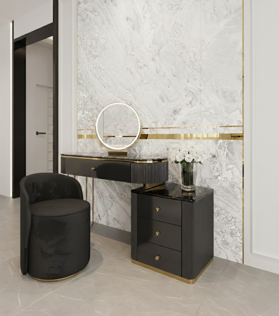 EKSKLUZYWNY ZESTAW TOALETKOWY z kolekcji Anne Nero, czarna, ryflowane boki, blat z konglomeratu marmurowego, nowoczesny glamour