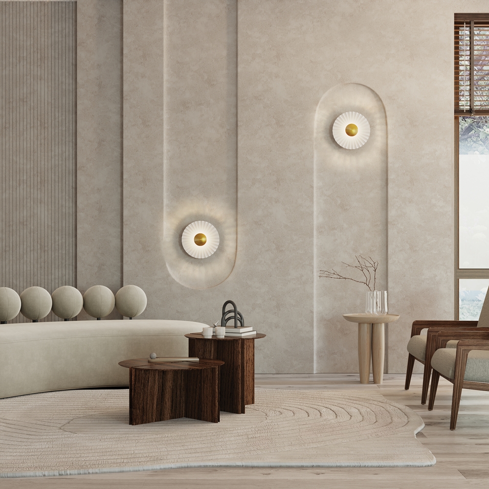 KINKIET Fiore okrągły. metalowy, mosiężny detal na środku, nowoczesny styl, do salonu