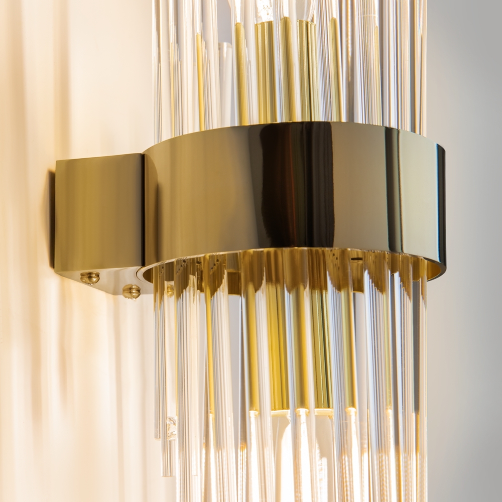 KINKIET Frame ze szklanym ryflowanym kloszem, złotym metalowym stelażem, nowoczesny styl, na ścianę KINKIET Frame ze szklanym ryflowanym kloszem, złotym metalowym stelażem, nowoczesny styl, na ścianę