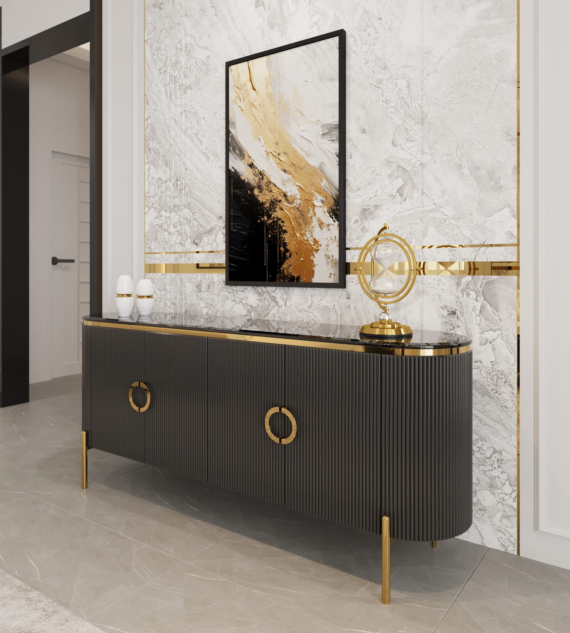 KOMODA Anne Black z ryflowanym, czarnym korpusem, blat z konglomeratu marmurowego, złote metalowe dodatki, piękna