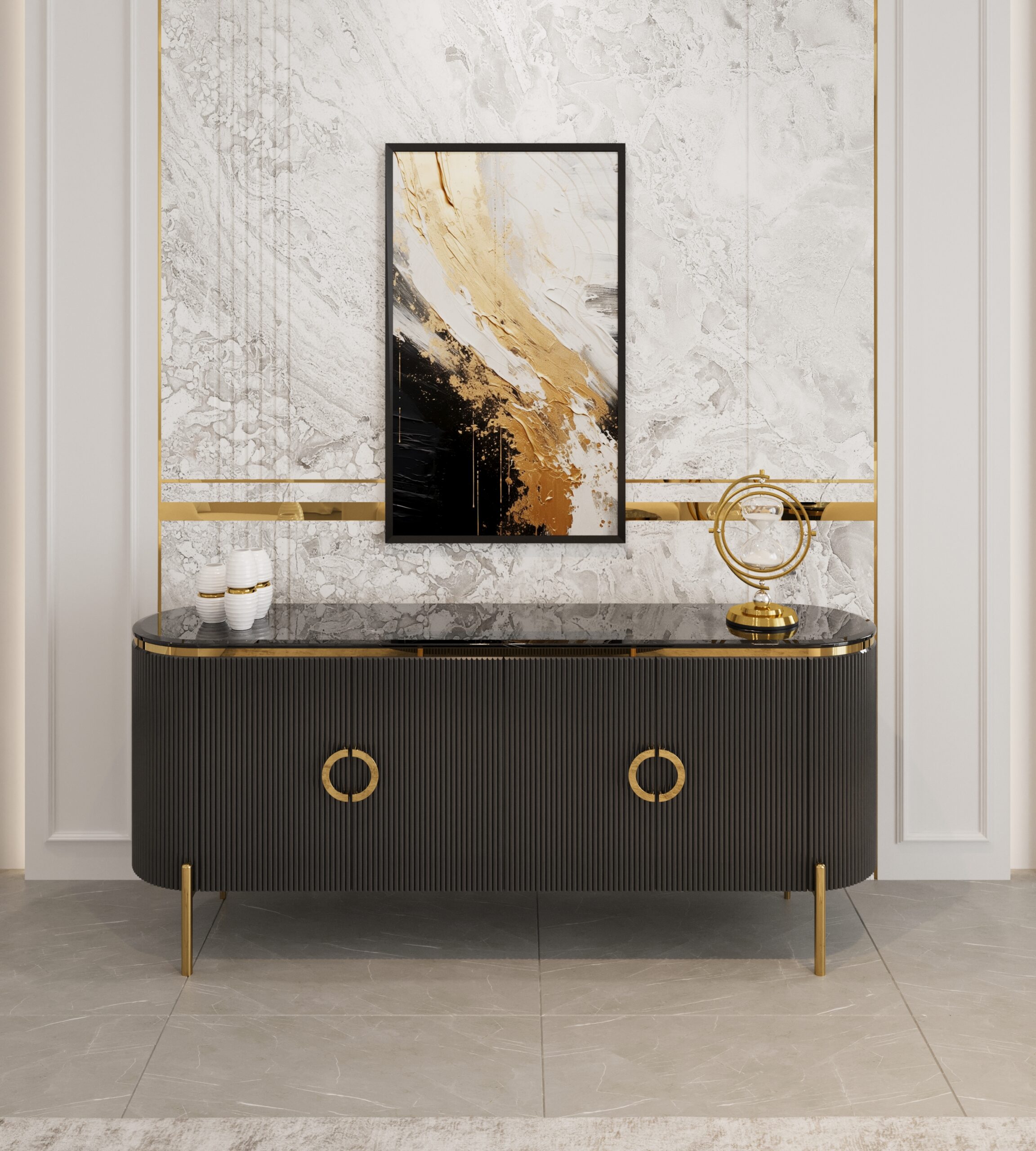 KOMODA Anne Black z ryflowanym, czarnym korpusem, blat z konglomeratu marmurowego, złote metalowe dodatki