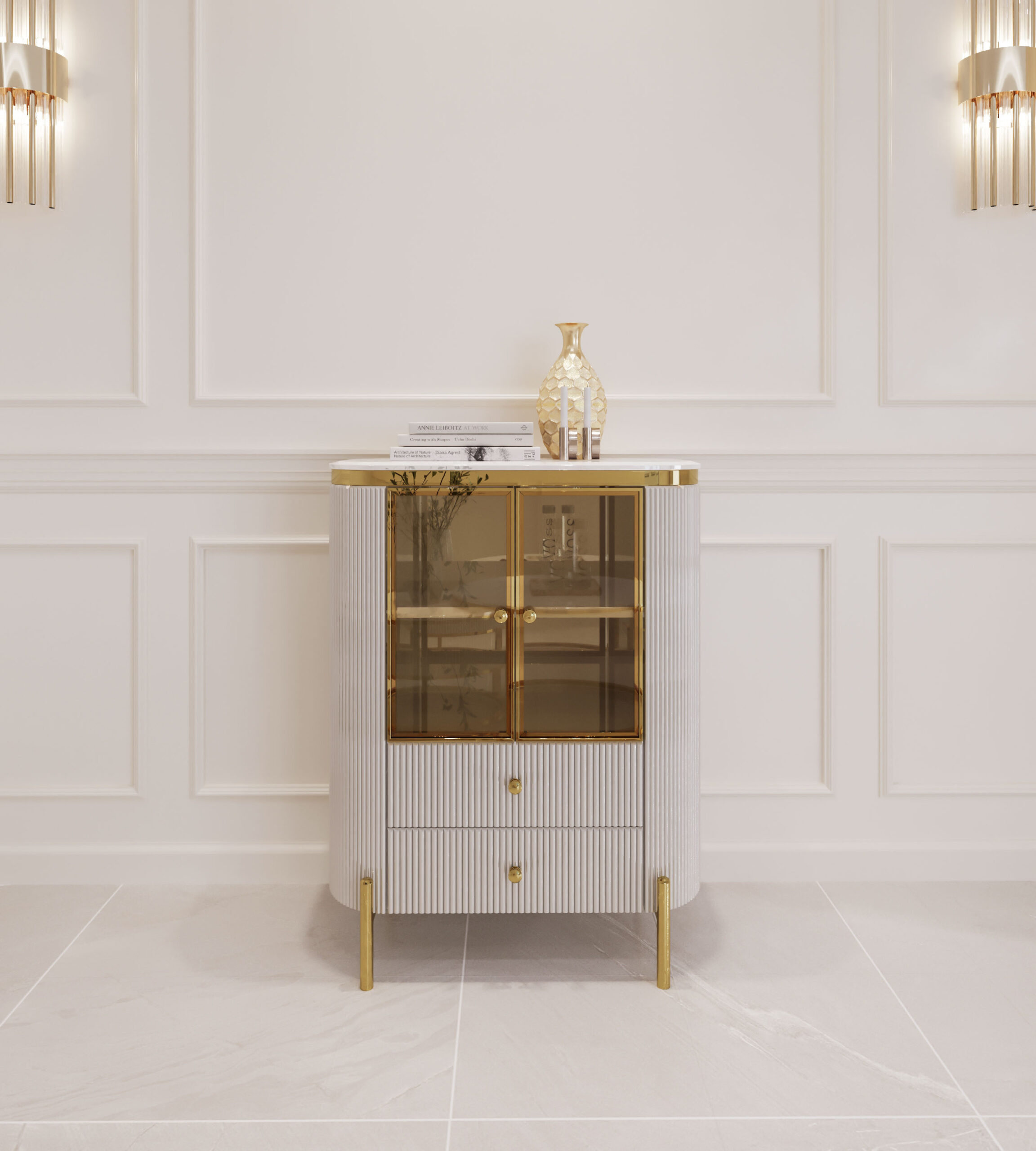 KOMODA Anne Cashmir z witryną, szklane bursztynowe drzwiczki, dwie szuflady, kaszmirow ryflowany korpus, złote metalowe dodatki