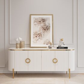 KOMODA Anne z ryflowanym, białym korpusem, blat z konglomeratu marmurowego, złote metalowe dodatki