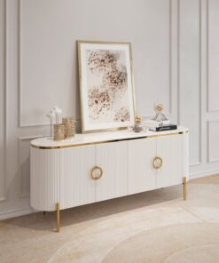 KOMODA Anne z ryflowanym, białym korpusem, blat z konglomeratu marmurowego, złote metalowe dodatki, piękna