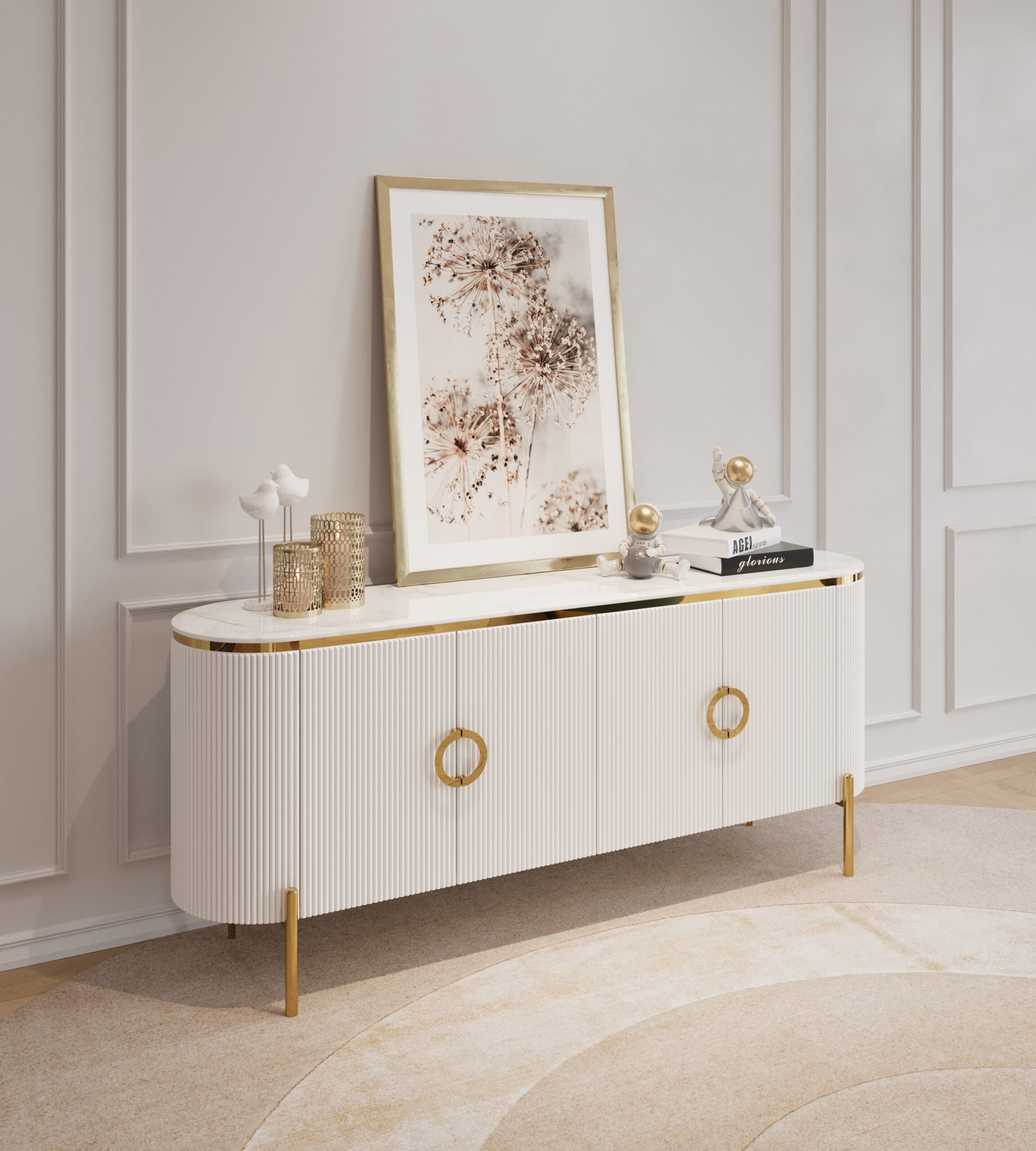 KOMODA Anne z ryflowanym, białym korpusem, blat z konglomeratu marmurowego, złote metalowe dodatki, piękna KOMODA Anne z ryflowanym, białym korpusem, blat z konglomeratu marmurowego, złote metalowe dodatki, piękna