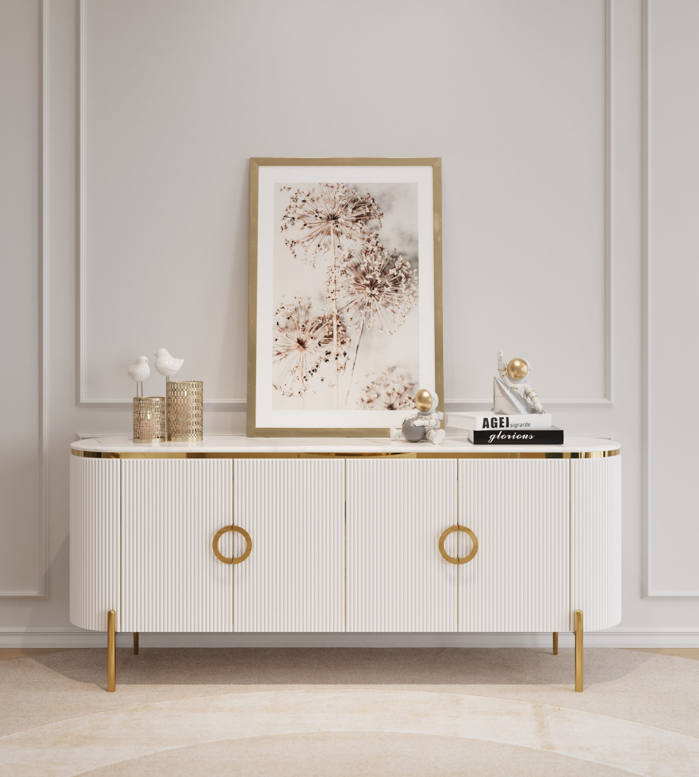 KOMODA Anne z ryflowanym, białym korpusem, blat z konglomeratu marmurowego, złote metalowe dodatki KOMODA Anne z ryflowanym, białym korpusem, blat z konglomeratu marmurowego, złote metalowe dodatki