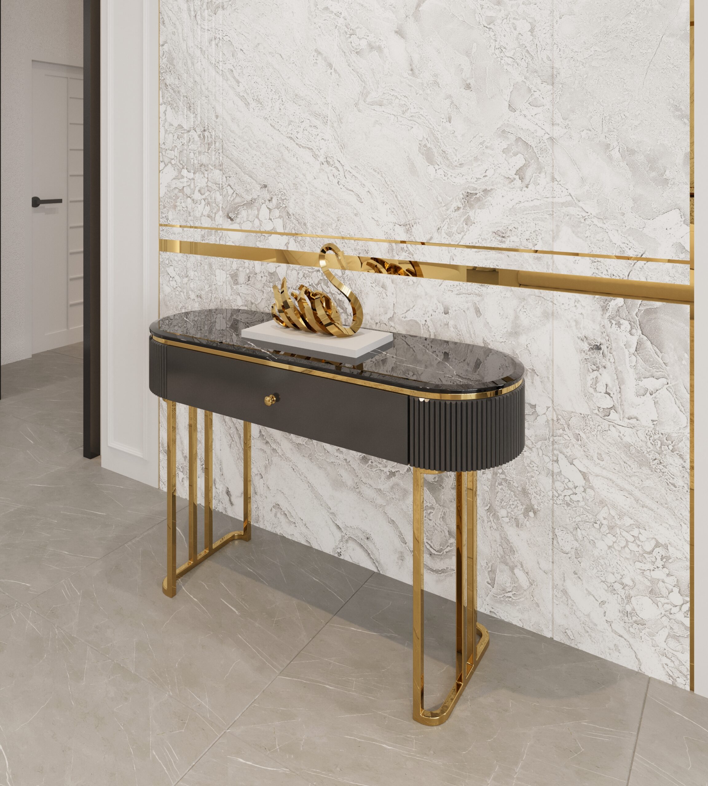 KONSOLA Anne Black na złotych, metalowych nogach, czarny ryflowany korpus i blat z konglomeratu marmurowego, piękna