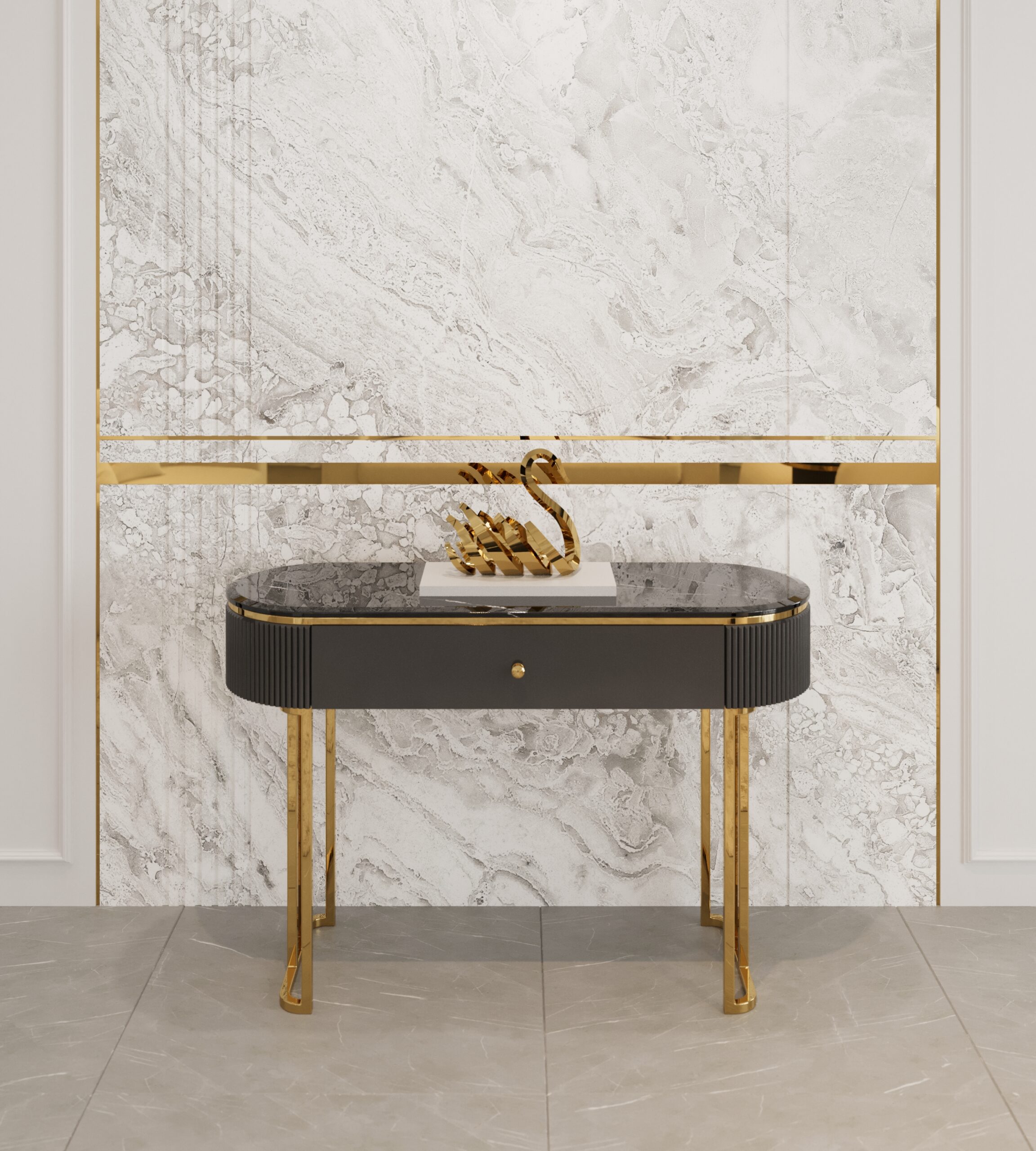 KONSOLA Anne Black na złotych, metalowych nogach, czarny ryflowany korpus i blat z konglomeratu marmurowego
