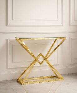 KONSOLA Grand na złotym, błyszczącym stelażu ze stali nierdzewnej, transparentny blat ze szkła hartowanego, nowoczesny glamour