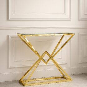 KONSOLA Grand na złotym, błyszczącym stelażu ze stali nierdzewnej, transparentny blat ze szkła hartowanego, nowoczesny glamour