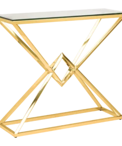 KONSOLA Grand na złotym, błyszczącym stelażu ze stali nierdzewnej, transparentny blat ze szkła hartowanego, nowoczesny glamour, piękna