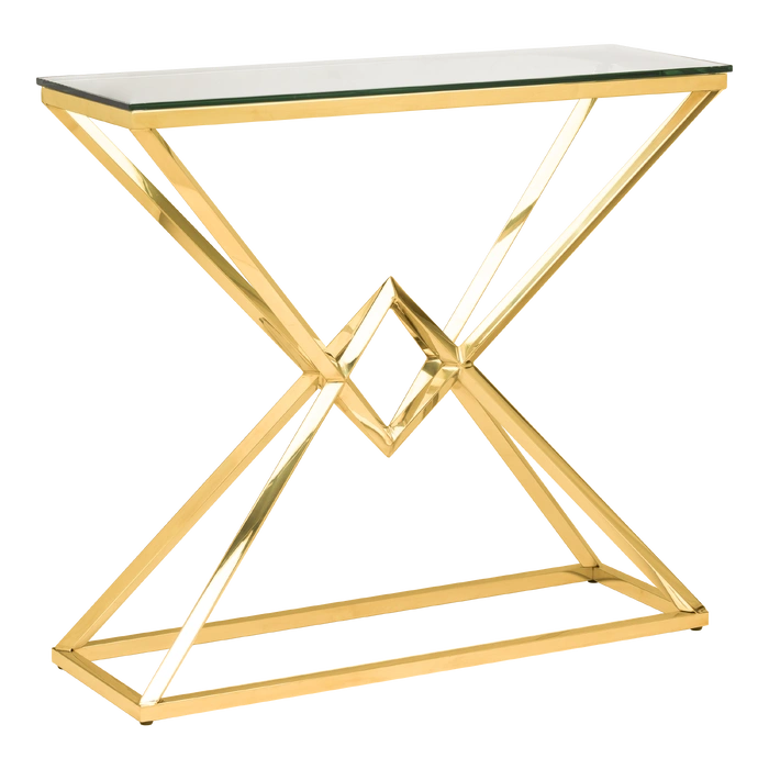 KONSOLA Grand na złotym, błyszczącym stelażu ze stali nierdzewnej, transparentny blat ze szkła hartowanego, nowoczesny glamour, piękna KONSOLA Grand na złotym, błyszczącym stelażu ze stali nierdzewnej, transparentny blat ze szkła hartowanego, nowoczesny glamour, piękna
