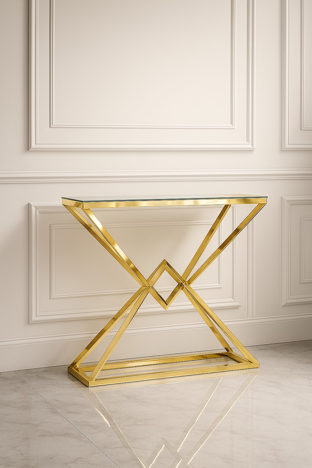KONSOLA Grand na złotym, błyszczącym stelażu ze stali nierdzewnej, transparentny blat ze szkła hartowanego, nowoczesny glamour KONSOLA Grand na złotym, błyszczącym stelażu ze stali nierdzewnej, transparentny blat ze szkła hartowanego, nowoczesny glamour