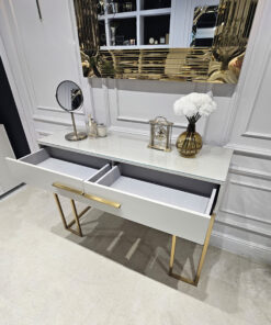 KONSOLA Naomi z dwiema szufladami, kaszmirowy blat, złoty szczotkowany stelaż, styl glamour, piękna