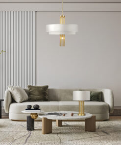 LAMPA STOŁOWA Impressive, złota podstawa w formie łańcuszków, biały materiałowy klosz, nowoczesny styl-1